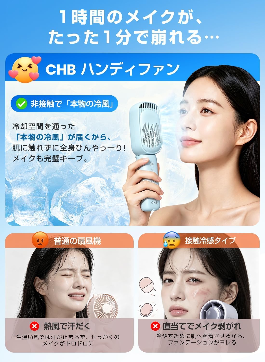 Amazon | CHB ハンディファン 携帯扇風機 -5℃体感 瞬間冷風10000mAh大