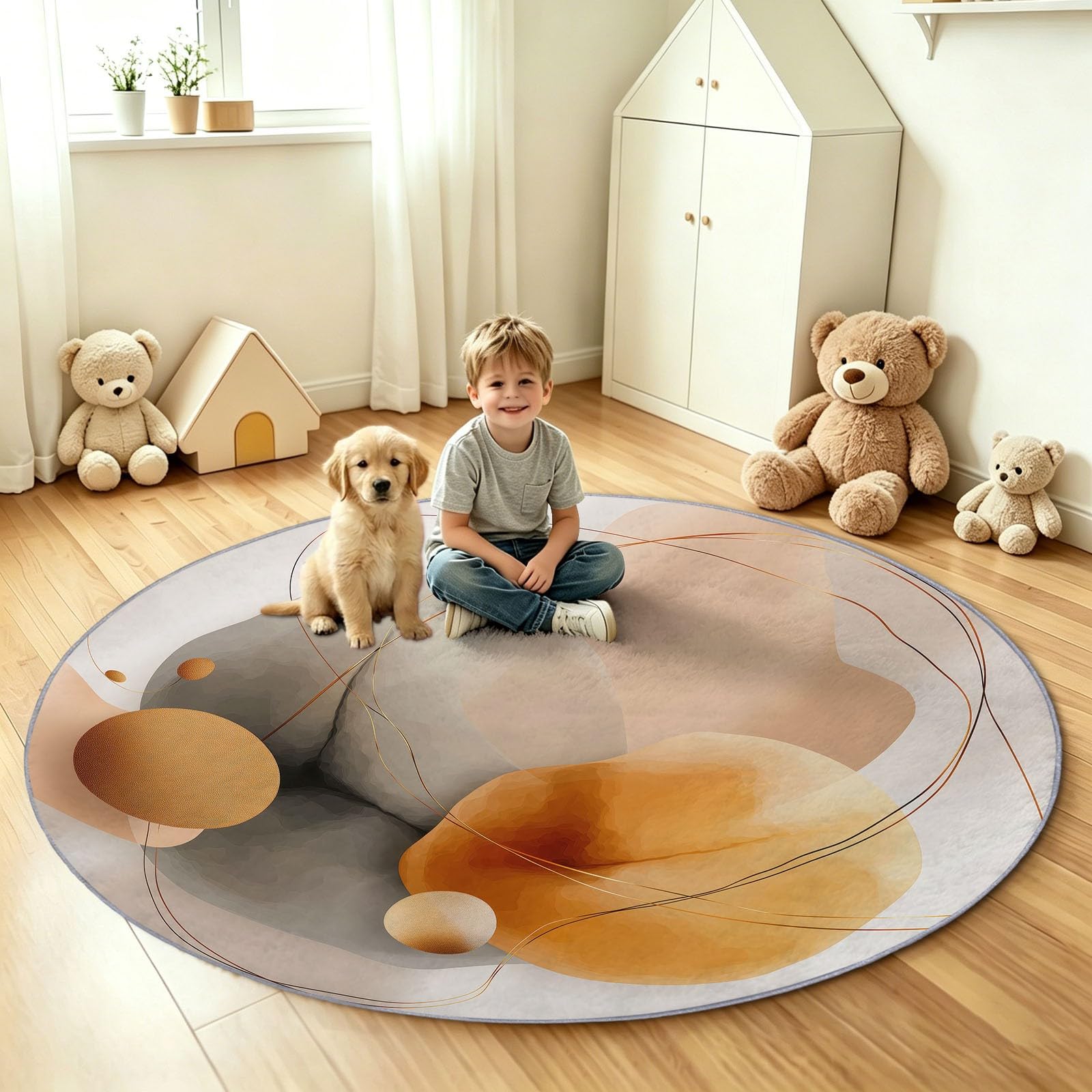 Générique Tapis Enfant Rond Chambre d'enfant Filles Garçons, Abstrait Moderne Tapis Rond Lavable & Antidérapant pour Salon Chambre Cuisine Salle à Manger Chambre (100 cm, Blocs Couleur Lignes)
