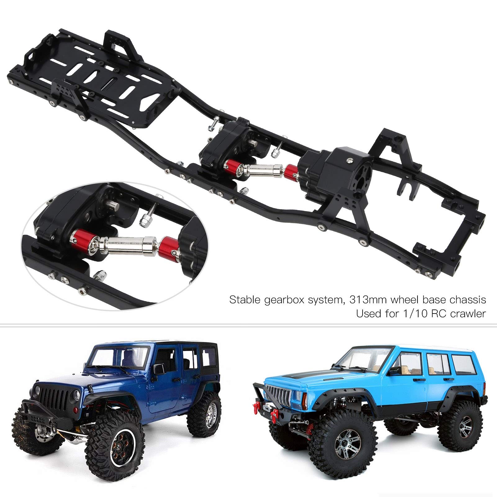 Rozstaw Osi 313 Mm Metalowa Rama Podwozia Przednia Skrzynia Biegów dla Axial SCX10 II 1/10 Crawler RC CarBlack Jakość Wykonania Zgodna z Produktem 90047 Osiowa Nadaje się do Gąsienic 90046