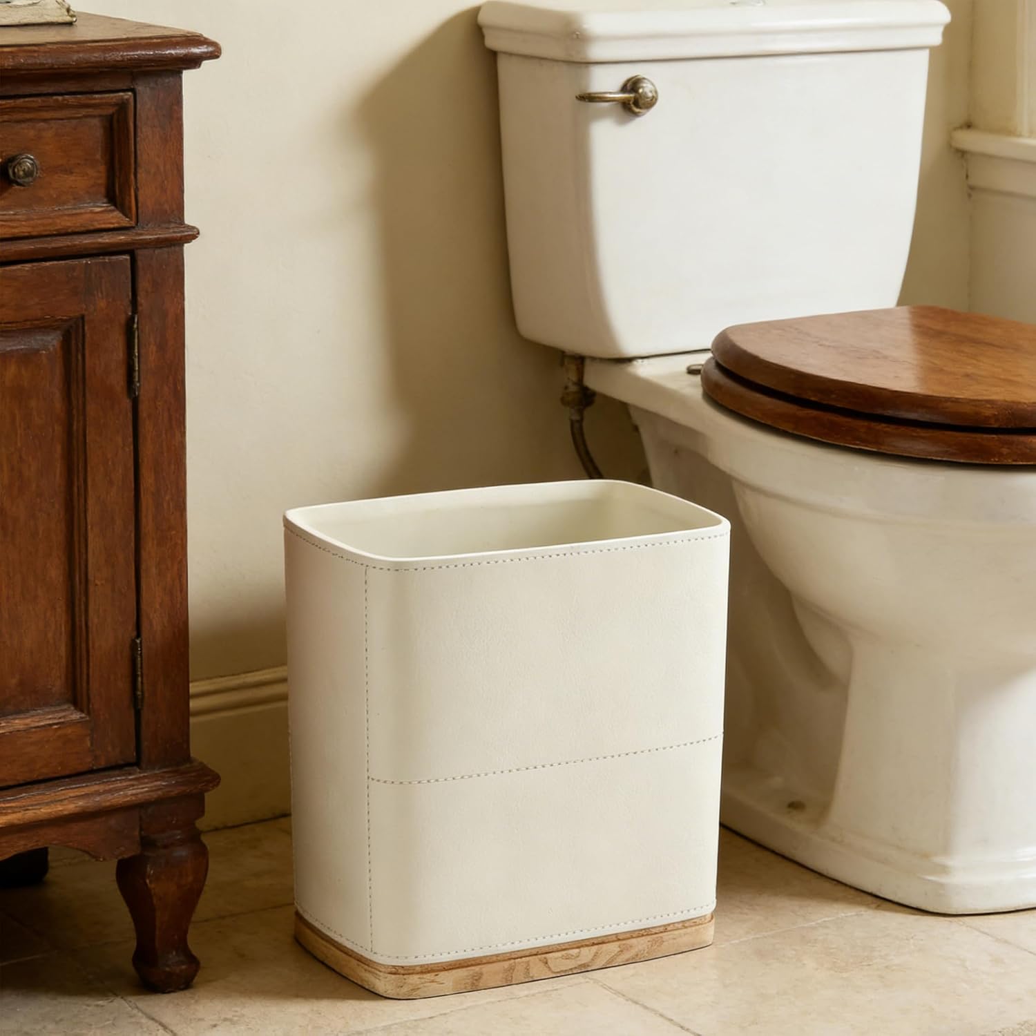 Polytree Bathroom Trash Can 1.8 Gallon(7 Liter) Small Kitchen Garbage Can,Decor Wastebasket for Bedroom Office,Resin Hand-Carved Leather Beige