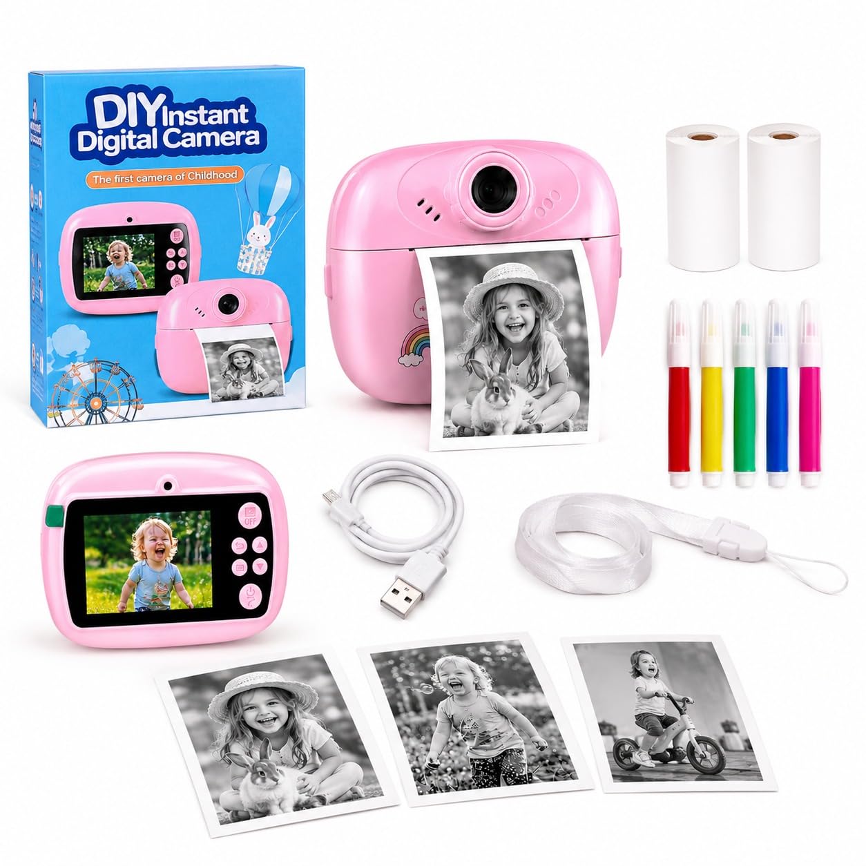 Kids Instant Print Camera for Children 1080P HD Digital Camera with Selfie Lens Thermal Printing Camera 2.4 Inch IPS Screen Rechargeable Print Rolls, Lanyard, USB Cable & Color Pens Pink (Imported)