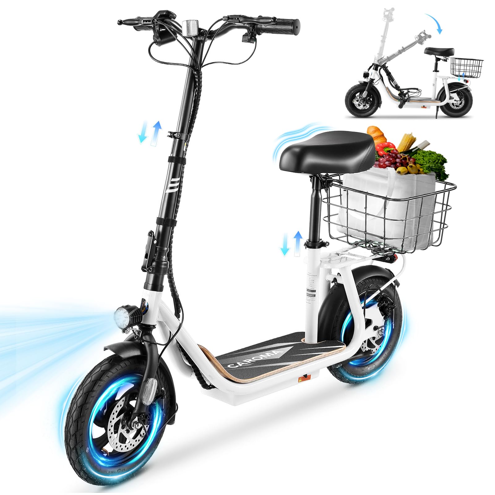 Caroma Peak 1200W Electric Scooter with Seat,30 Miles Max Range,Electric Scooter Adults&Teens,Up to 43MPH Foldable Ebike,Key Start Adjustable E-Bike with Kid Seat,Commuter Escooter,White