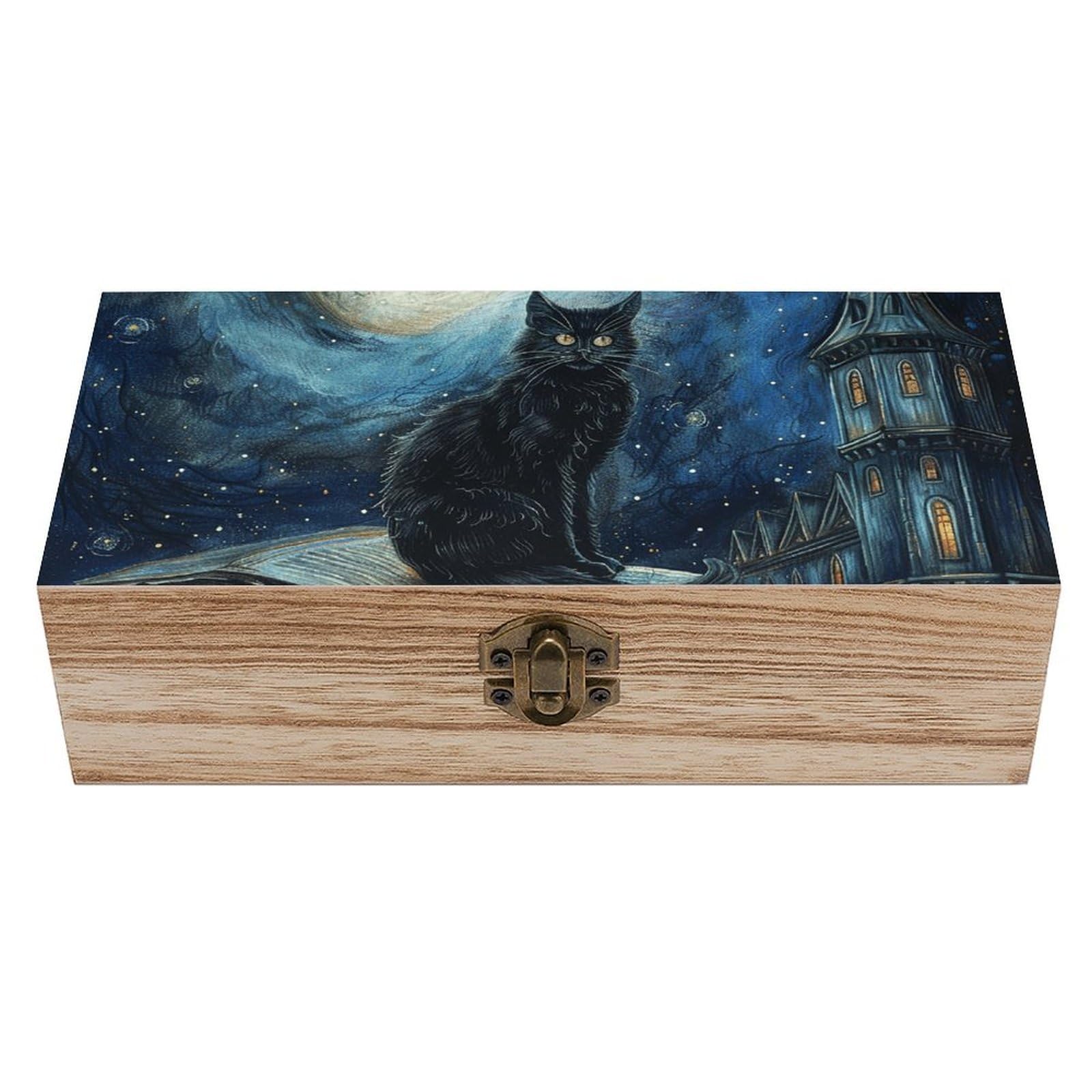 NONHAI Wooden Storage Box Sitting A Black Cat Wood Gift Box with Hinged Lid Vintage Decorative Jewelry Boxes Memory Box for Jewelry Art Hobbies Home Storage Treasure Keepsake Gift 7.9''x3.9''x2.3''