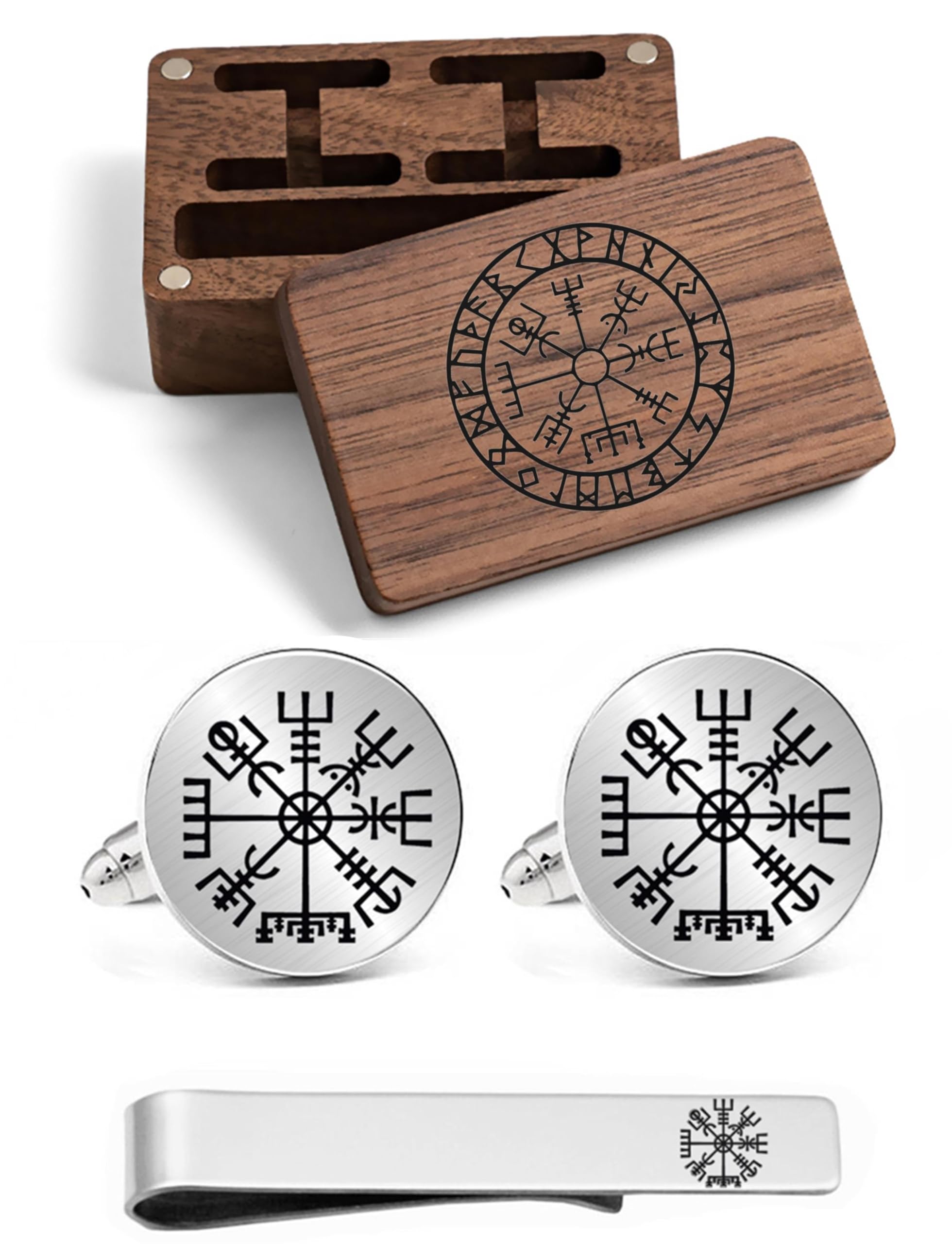 JUPPE Classic Engraved Viking Rune Vegvisir Cuff Links Tie Bar Personalized Cufflinks Jewelry Gift for Men-image-21