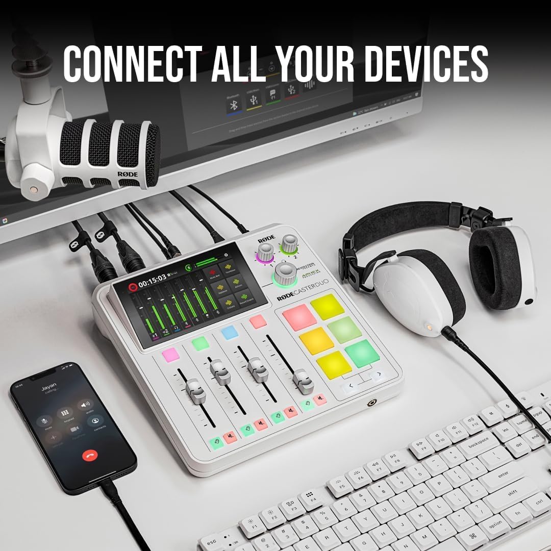 Rode RODECaster Duo (White) Integrated Audio Production Studio with 2x Zoom ZDM-1 Podcast Microphone Pack