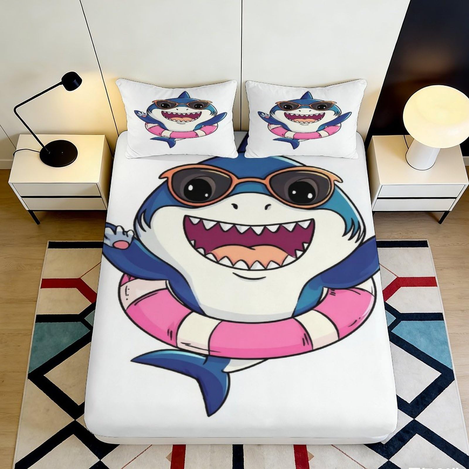 3D Printed Cartoon Shark Fitted Sheet Microfiber Soft Durable Beach Life Bed Cover for Bedroom Dormitory Guest Room Mattress Protection Decor 120x200x25cm