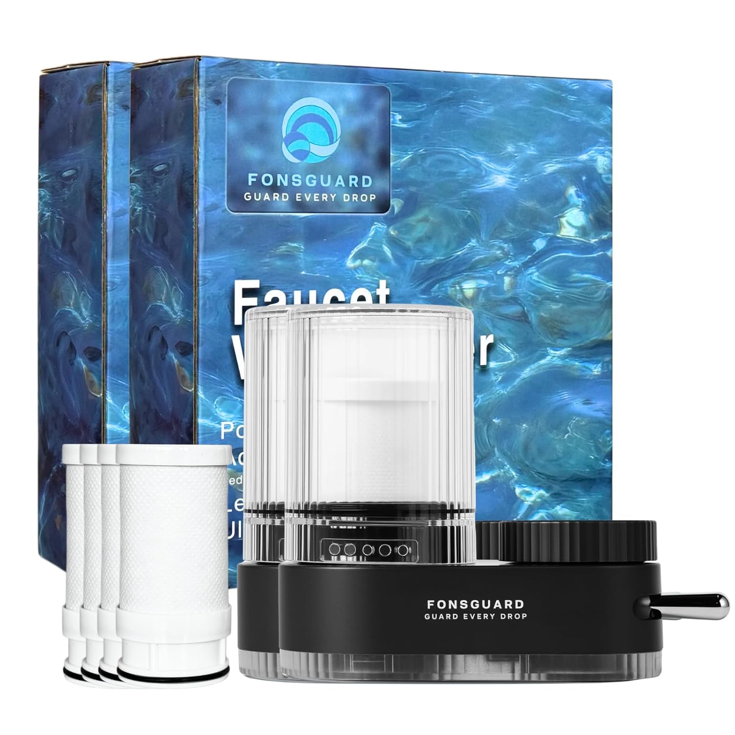 Water Faucet Filter, for Kitchen Sink and Bathroom Sink, Tap Water Filter, NSF Certified, High Efficiency Removes 99% Chlorine & Odor, Easy Installation (2 Filter System with 4 Filters)