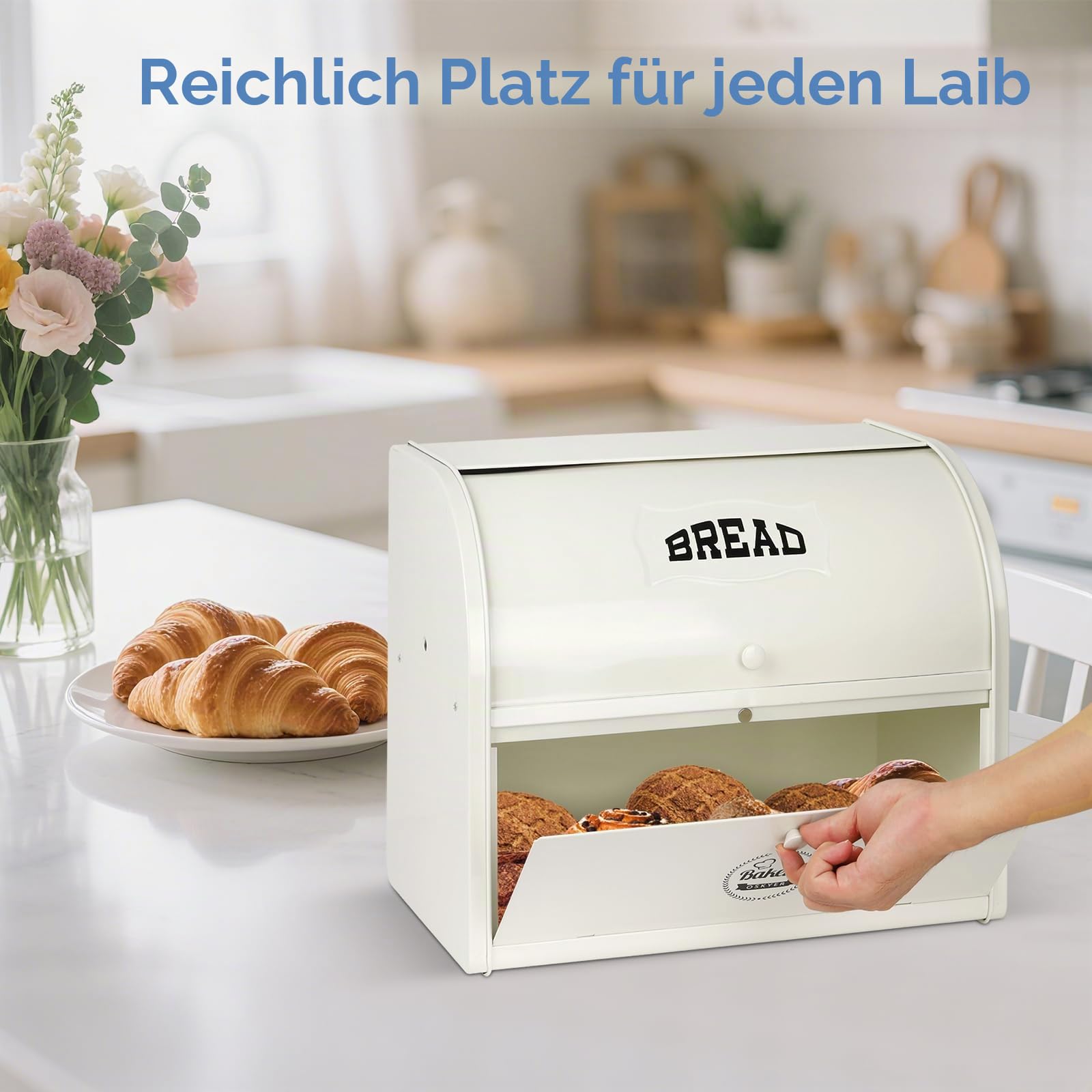 Edelstahl Brotkasten 2 Etagen mit Rolltop Deckel, extragroßer Brotbox Schwarz, Metall Brotbehälter bereits montiert, 40x24x32 cm Küchenaufbewahrung, geeignet für Gebäck und Kekse, Milchweiß