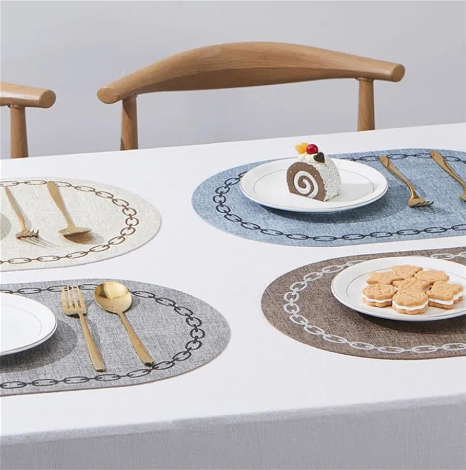 Faux Leather Placemats Lot de 1/4/6 Sets Table ovales en Similicuir, lavables, résistants à la Chaleur, antidérapants et imperméables(Chain O Light Grey,30x44cm 6pcs)