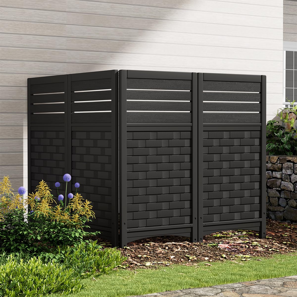 Photo 1 of KINYING Air Conditioner Fence Privacy Screen,4 Panels Pool Equipment Trash Can Enclosure Screen for Outdoor,Resin Fence Panels Kit,45" (H) x 22" (W) Per Panel, Black