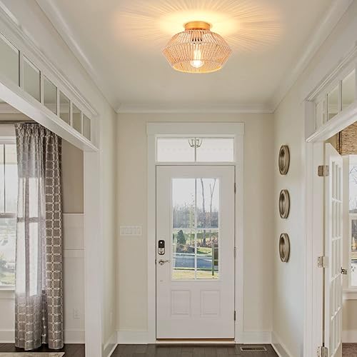 Miniatura 4 de VILUXY Lámpara de techo de ratán, lámpara de techo bohemia de montaje empotrado, mini araña tejida a mano, cepillo de latón dorado, acabado de