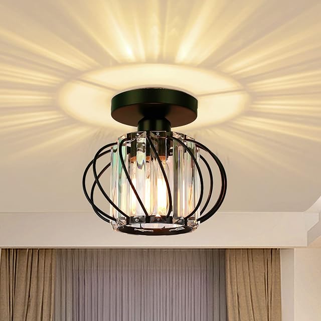 FRIDEKO HOME Modern Crystal Ceiling Light Fixture- Industrial Mini Semi Flush Mount Ceiling Lighting LED Crystal Chandeliers Fitting for Kitchen Hallway Dining Rooms Living Room - Black