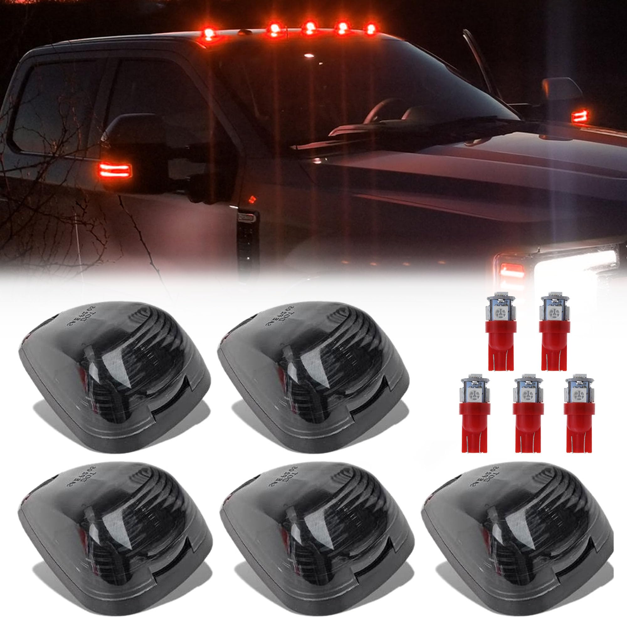 5X Black Smoke Lens Cab Roof Marker Running Lamps Compatible with Red LED Lights for Ford F150 F250 F350 F450 F550 F650 F750 E150 E250 E350 E450 1999-2016 - Super Duty Pickup Trucks