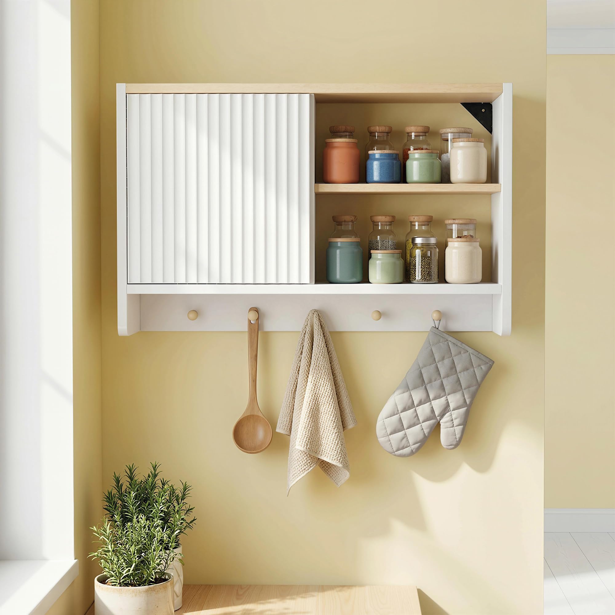 HOMCOM Armoire Murale de Salle de Bain, Meuble de Rangement Suspendu pour Salle de Bains avec Porte, étagères Ouvertes et 5 Crochets, Meuble WC Suspendu, 60 x 20 x 40 cm, Blanc et chêne