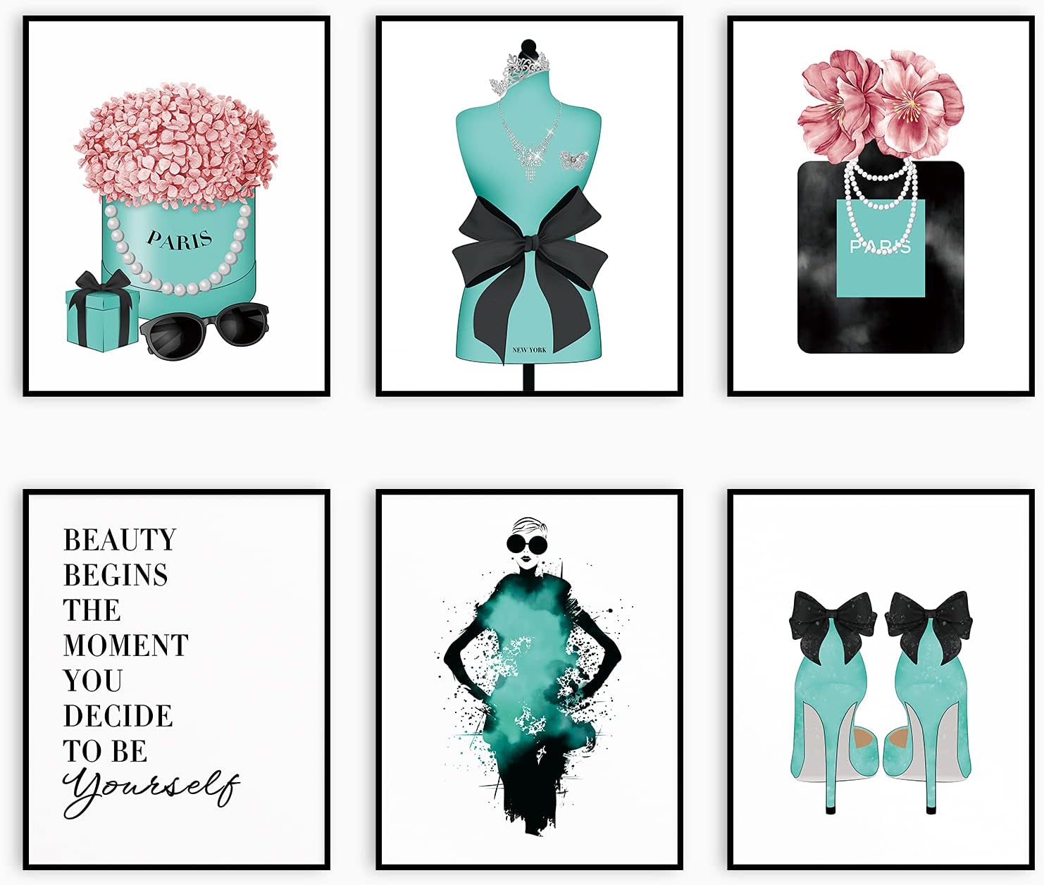 BARATIE Teal Black Fashion Wall Art Print Set of 6 Glam