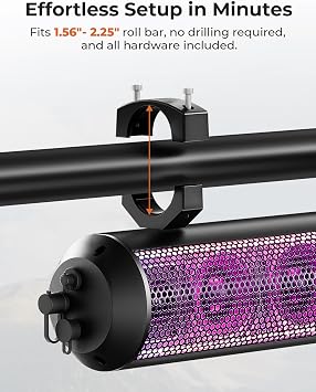 KEMIMOTO UTV Sound Bar 28 Inch ATV Soundbar 4X Subwoofers LED Party Lights Bluetooth Golf Cart Sound Bar 2X Tweeters Compatible with Polaris RZR Can-Am X3 Defender CFMOTO for 1.56- 2.25 Roll Cage