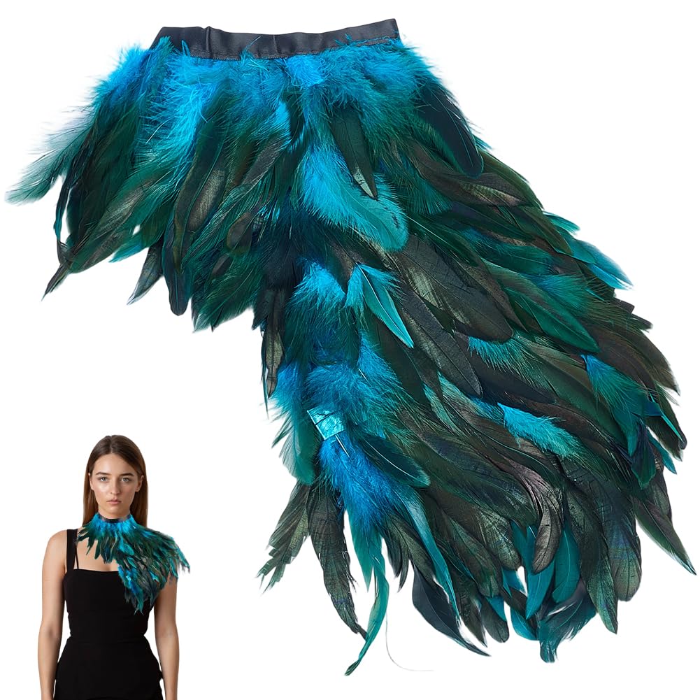 GORGECRAFT Gothic Feather Cape Shawl Feather Capelet Witch Wings Collar Natural Feathers Cape Shrug Halloween Raven Costume Peacock Adult Costumes for Women Men Easter New Years Eve, Deep Sky Blue