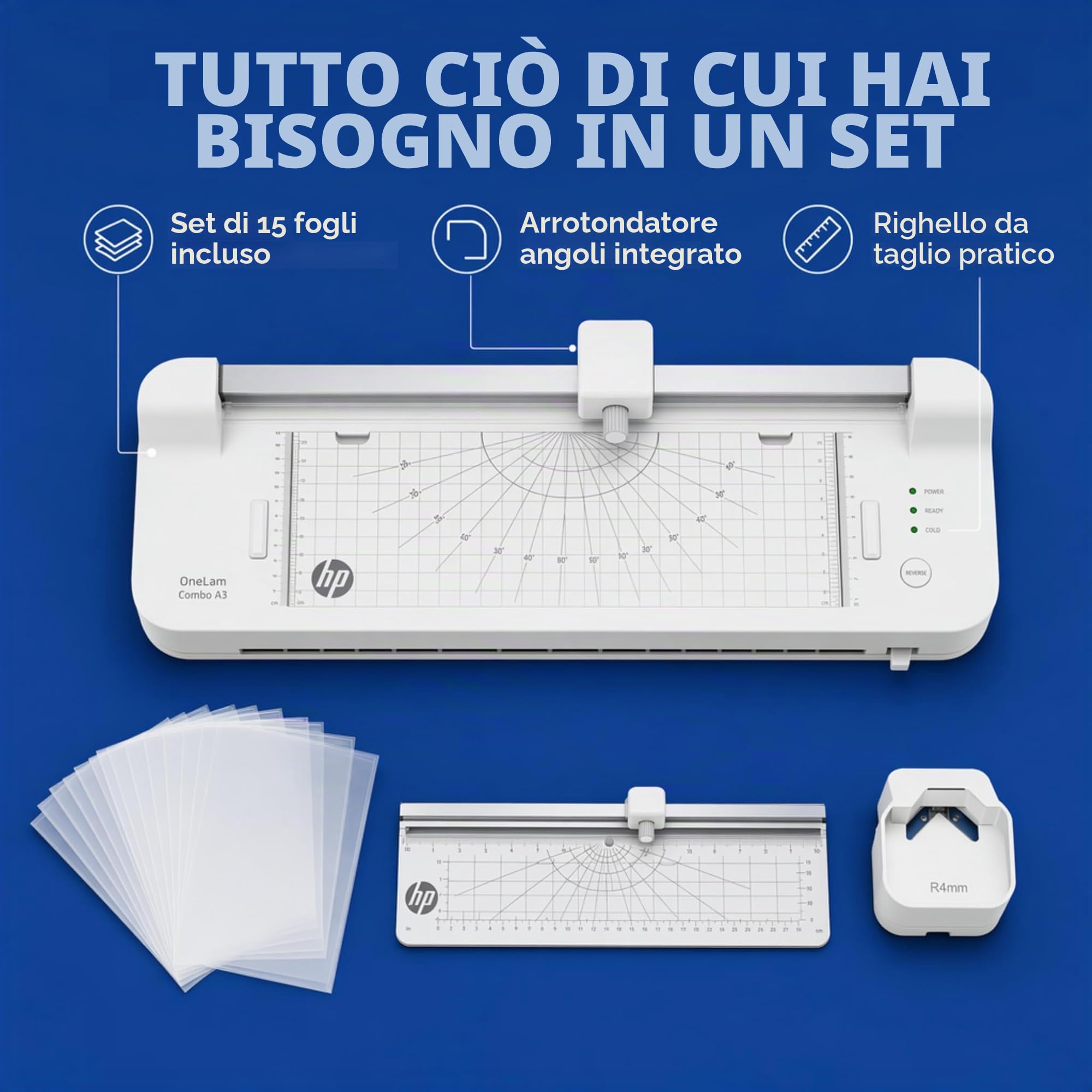 HP ONELAM COMBO A3 laminator Warm integrated trimmer corner rounder 40 cm/min speed + 15 pouches: 3xA4 4xA5 4xA6 4xB-CARD White