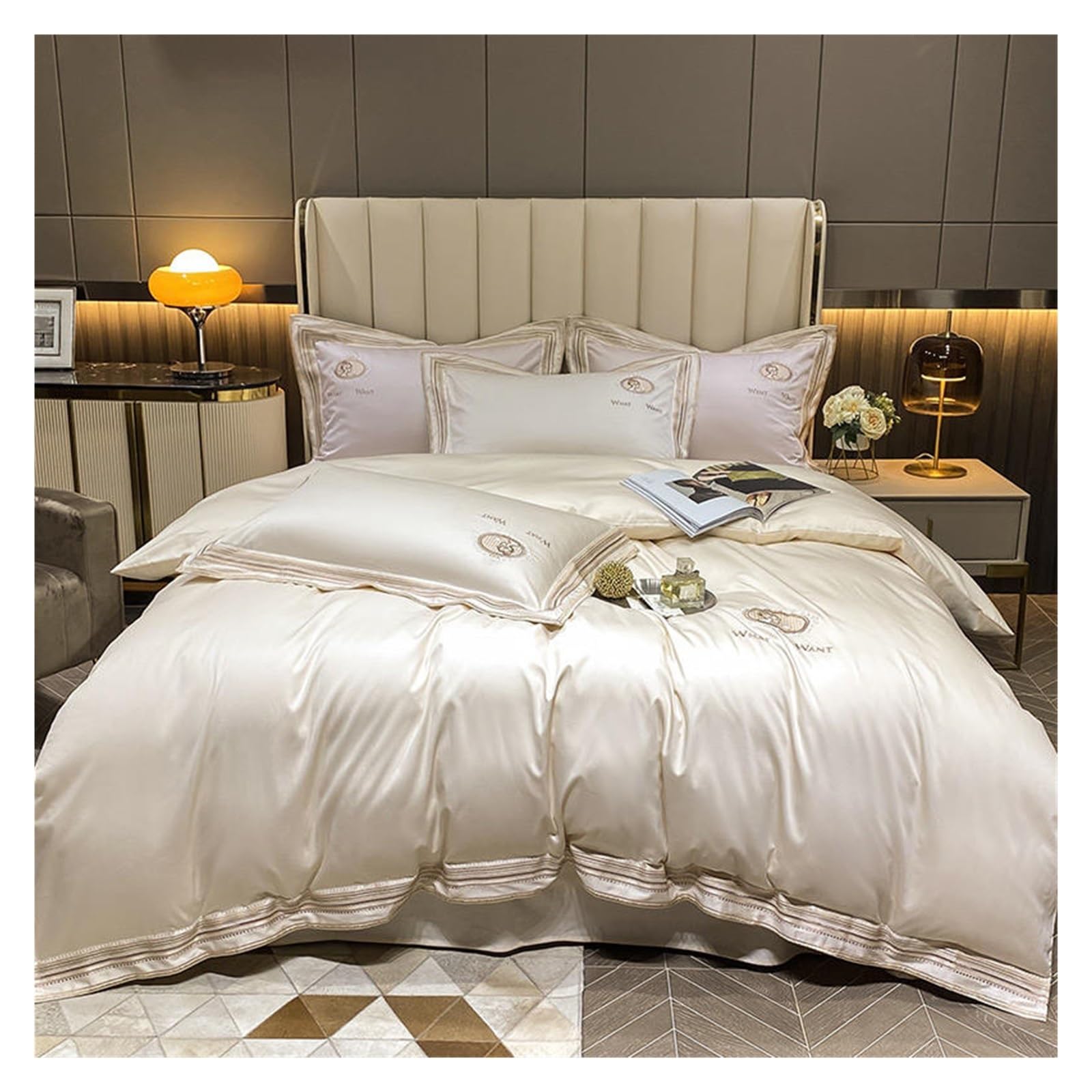 Bed Sheets Queen Egyptian Cotton Bedding Sheet Set 4 Piece Compatible with Luxury Embroidery Soft Silky Bedding Sheets