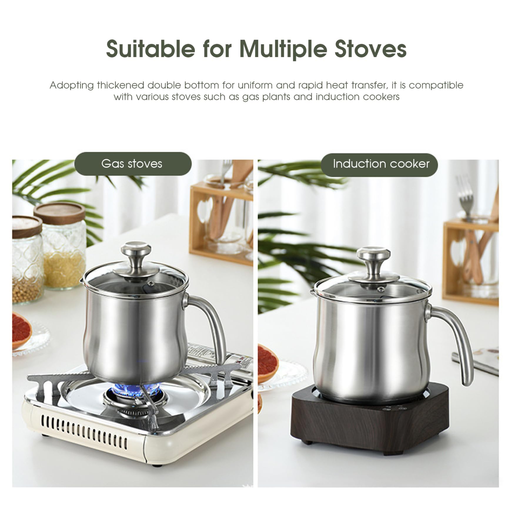Edelstahl-Topf, 2 l, Milchtopf, Stieltopf mit Ausgießer, Glasdeckel und Griff zum Kochen von Milch, Soße, Soßen, Nudeln, Nudeln, Soßentopf aus Edelstahl