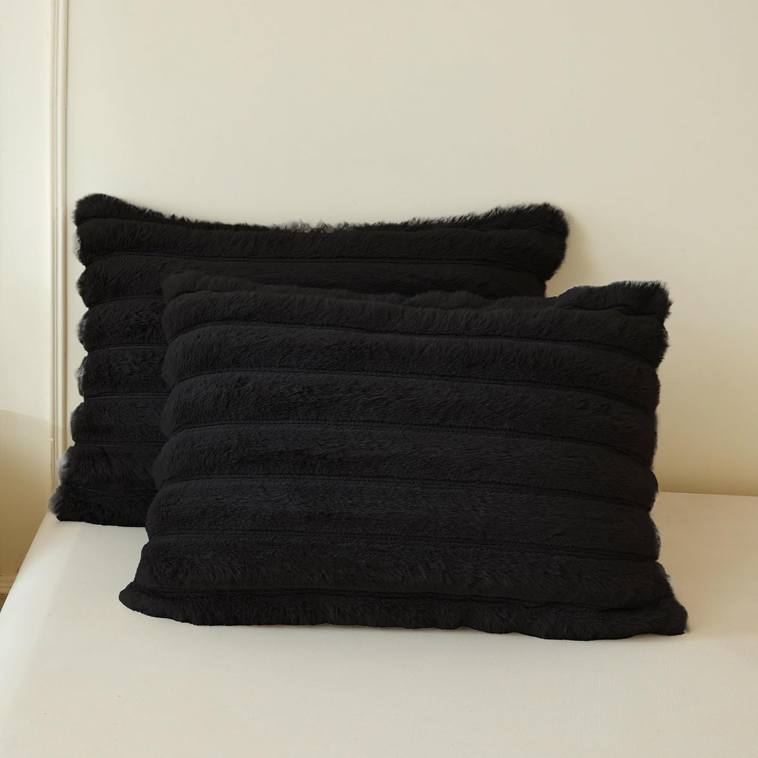 MEGO Fluffy Faux Rabbit Fur Pillowcases 20x26 Set of 2, Soft Striped Shaggy Furry Bed Pillow Cases with Zipper, Halloween Plush Fuzzy Ribbed Long Pillow Covers for Kids Teens Adults, Standard, Black