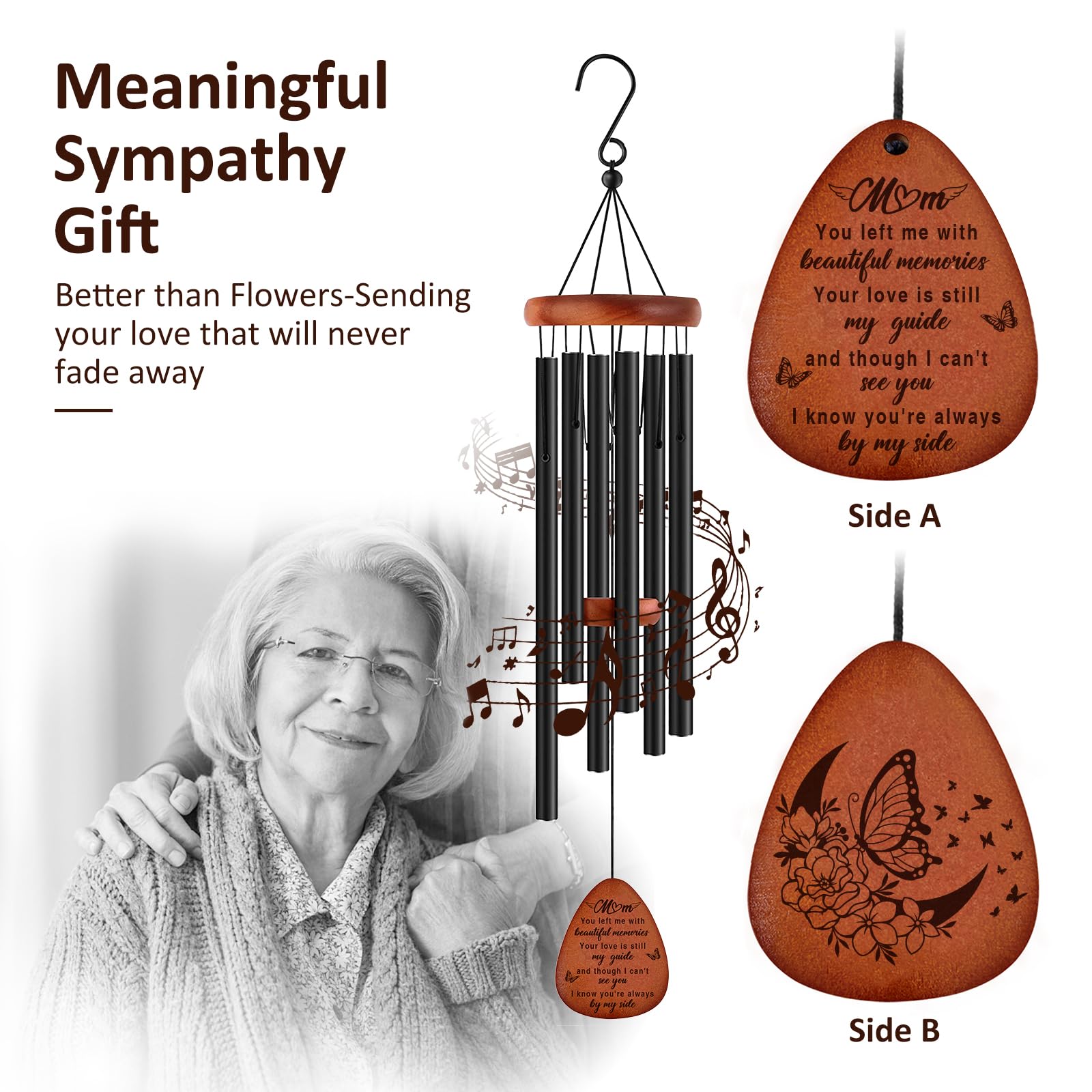 Memorial Gifts for Loss of Mom,Memorial Wind Chimes 25'', Sympathy Gifts for Loss of Mother, Home Decor Outdoor Garden, Soothing Melodic Tones with Mute Option