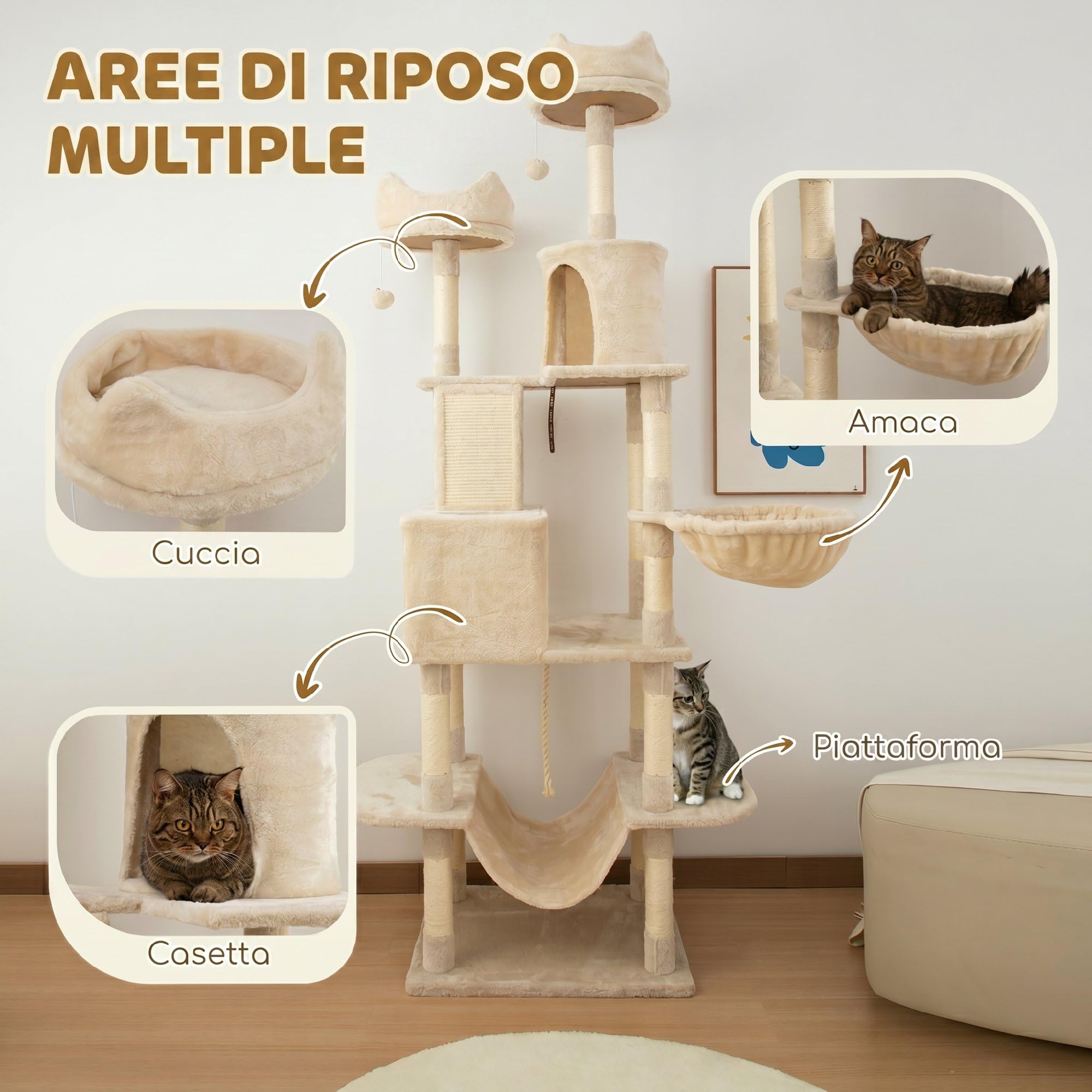 PawHut Tiragraffi per Gatti 206cm con 4 Pali Graffiatoi, Beige