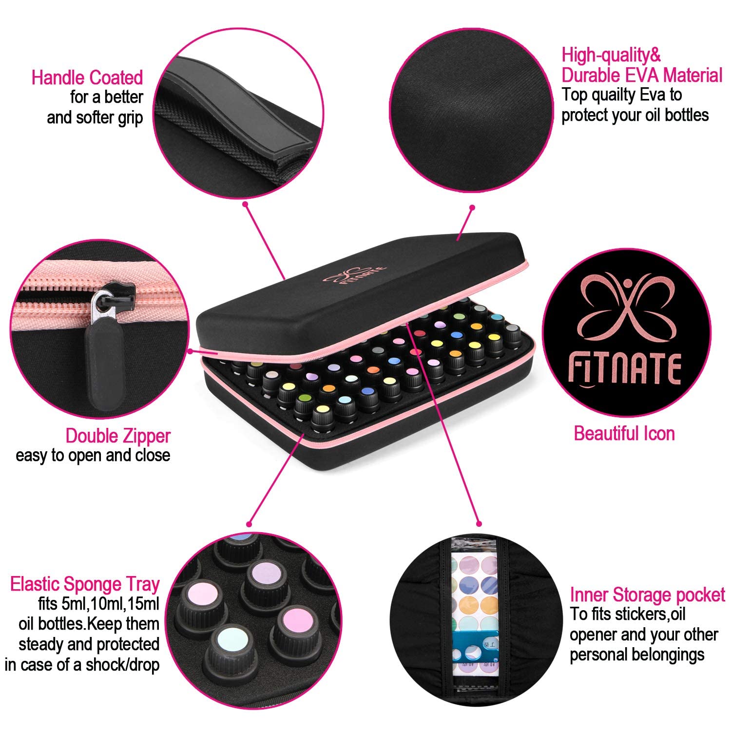 FITNATE Bolsa de Almacenamiento de Aceites Esenciales para Aceites Esenciales de 5 ml, 10 ml, 15 ml, 70 Botellas, Maletin Aceites Esenciales, Estuche de Viaje de Aceites Esenciales, Resistente, Rosa