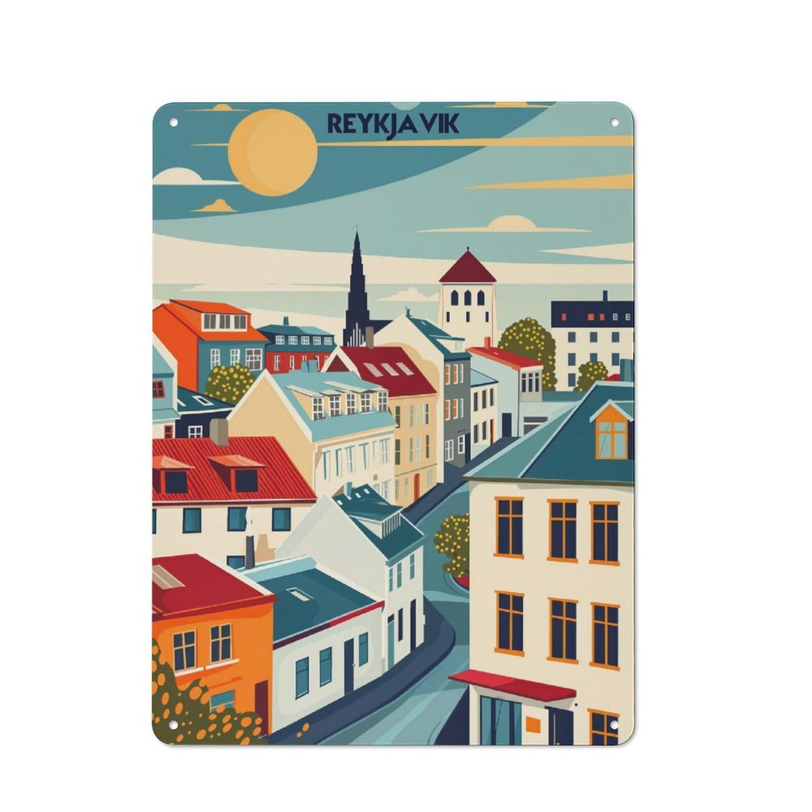 Reykjavik Cityscape Travel Poster Retro Metal Wall Decor 40x30cm, Tin Wall Sign for Bakery, Diner, Cafe Or Family Room