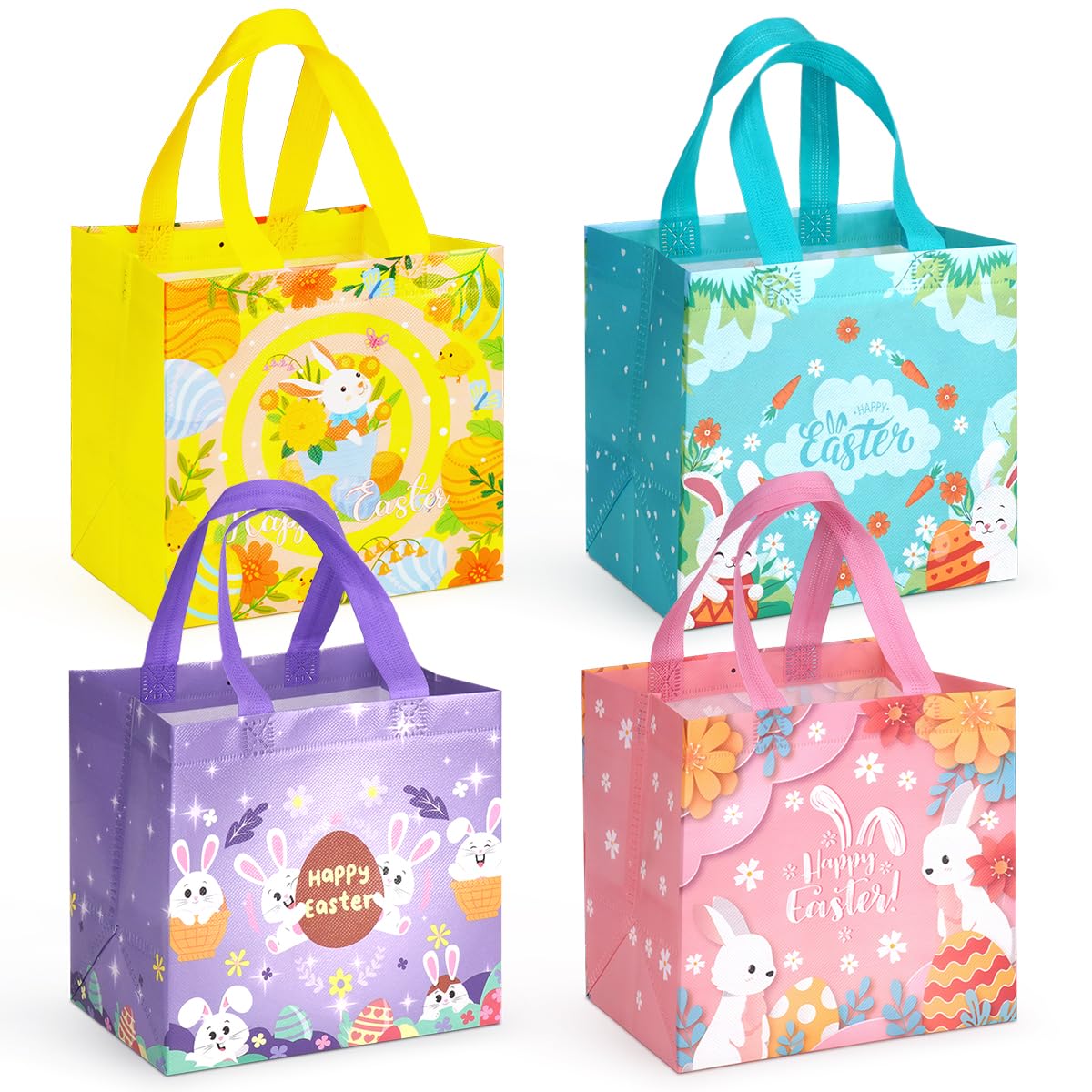 4 x Ostereiersuche Taschen mit Griffen, Häschen Karotten Küken Ei Taschen, Oster Leckerei Taschen, multifunktionale Non-Woven Ostertaschen zum Verpacken von Geschenken, Eiersuche, Partyzubehör