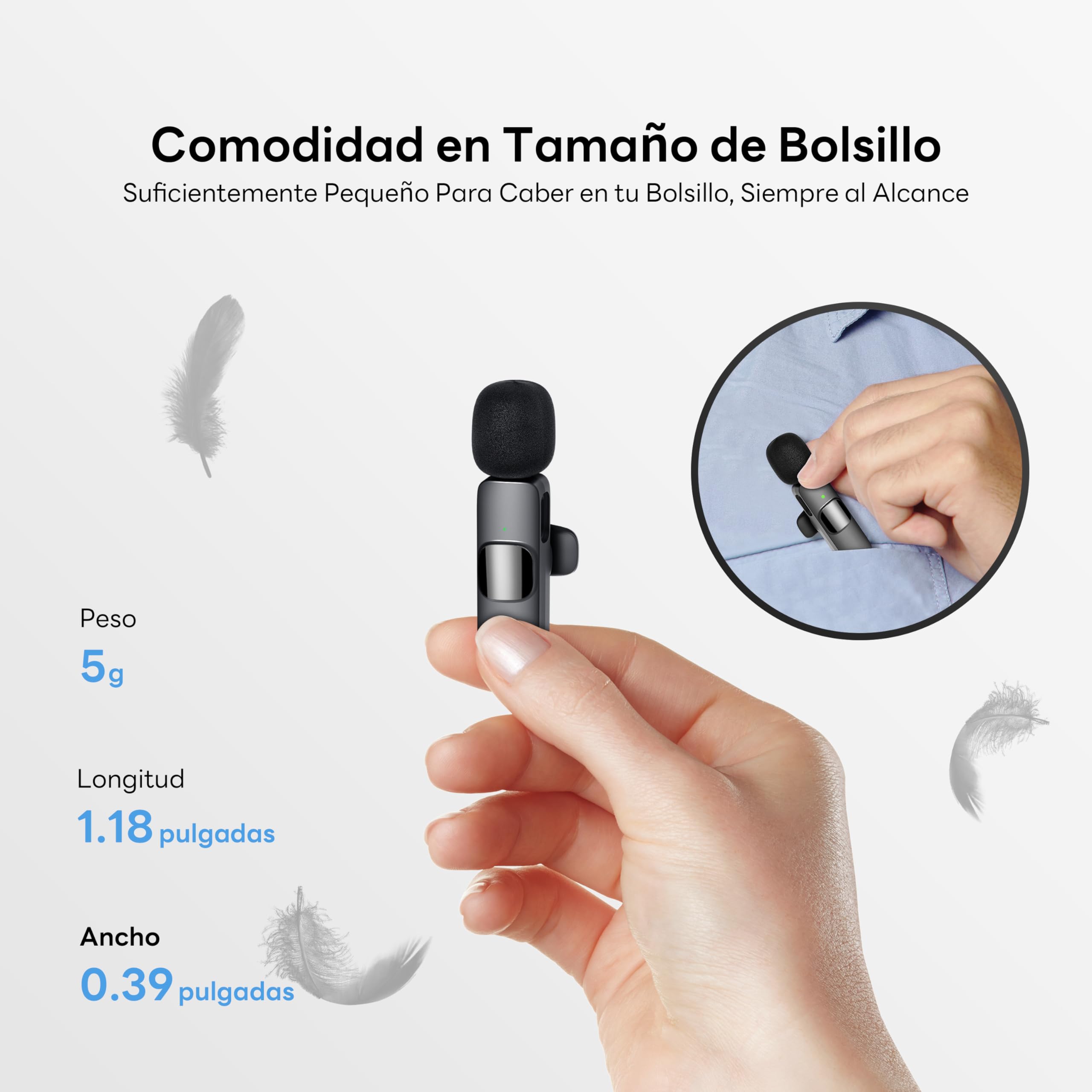 Microfono Inalambrico para iPhone y Android, Doble Microfono Solapa con Cancelación de Ruido DSP, Plug & Play, 10 Horas de Batería, con Adaptador Lightning, para Podcast, Streaming y Youtube