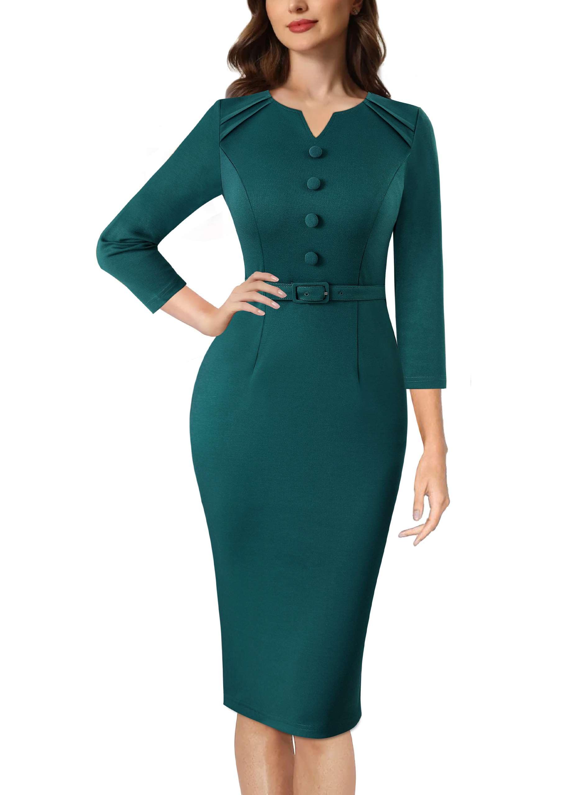 VFSHOW Womens Work Office Business Pleated Notch V Neck Buttons Fitted Belted Pencil Sheath Dress