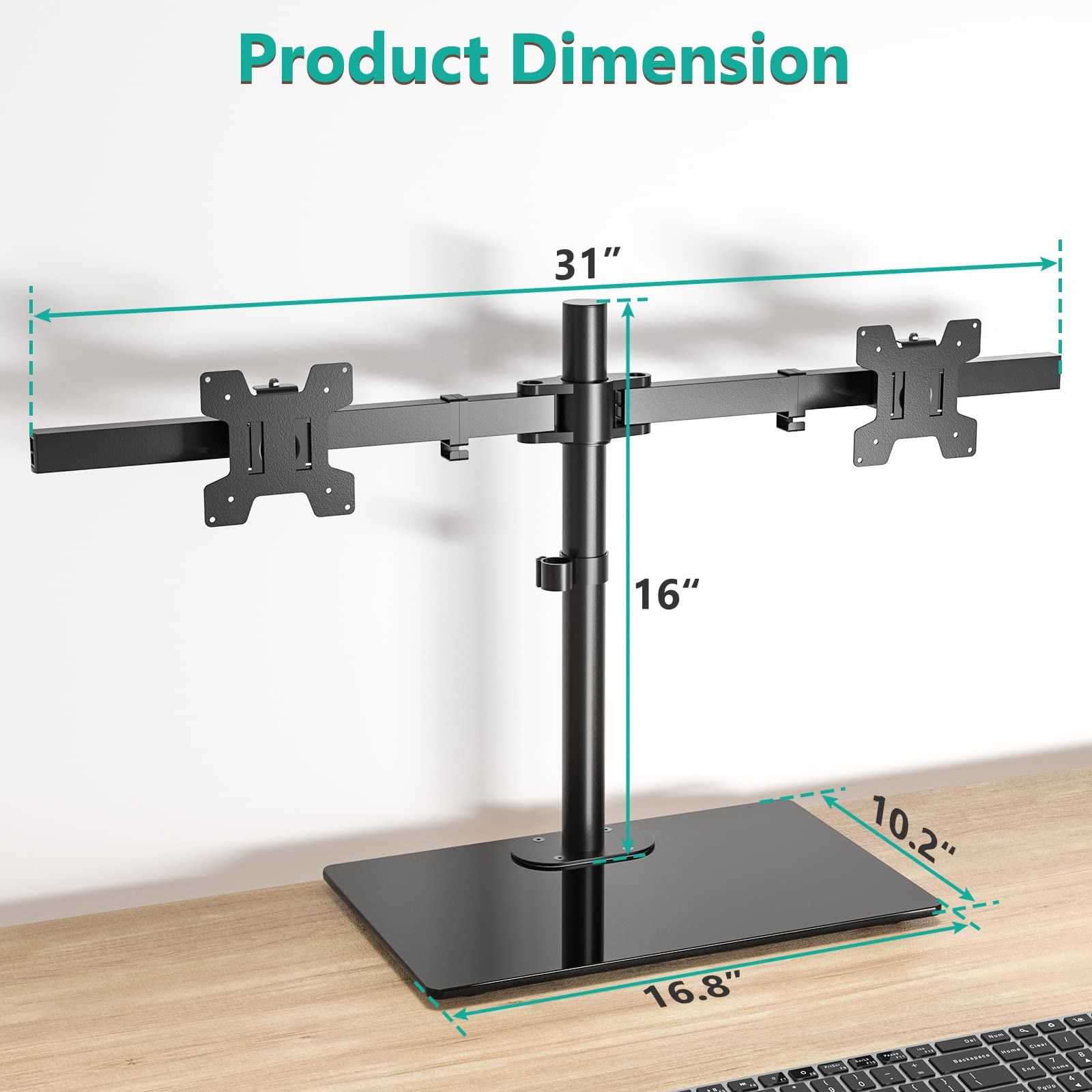 WALI Soporte de monitor dual de pie, altura ajustable con base de vidrio, se adapta a pantallas LCD LED planas curvadas de hasta 27 pulgadas, 22 libras, con base de ojal (GMF002)