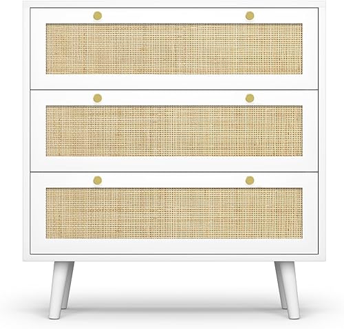 Miniatura 8 de Anmytek Cómoda para dormitorio con 3 cajones, cómoda moderna de madera con 3 cajones, cómoda blanca con amplio almacenamiento de ratán para