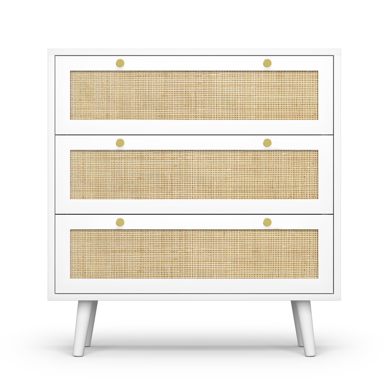 Yvsevnr 3 Drawer Rattan Dresser, Boho Chest of Drawers for Bedroom, White Dressers with Wooden Legs, Storage Drawers for Living Room, Hallway 80 x 40 x 91.44 cm