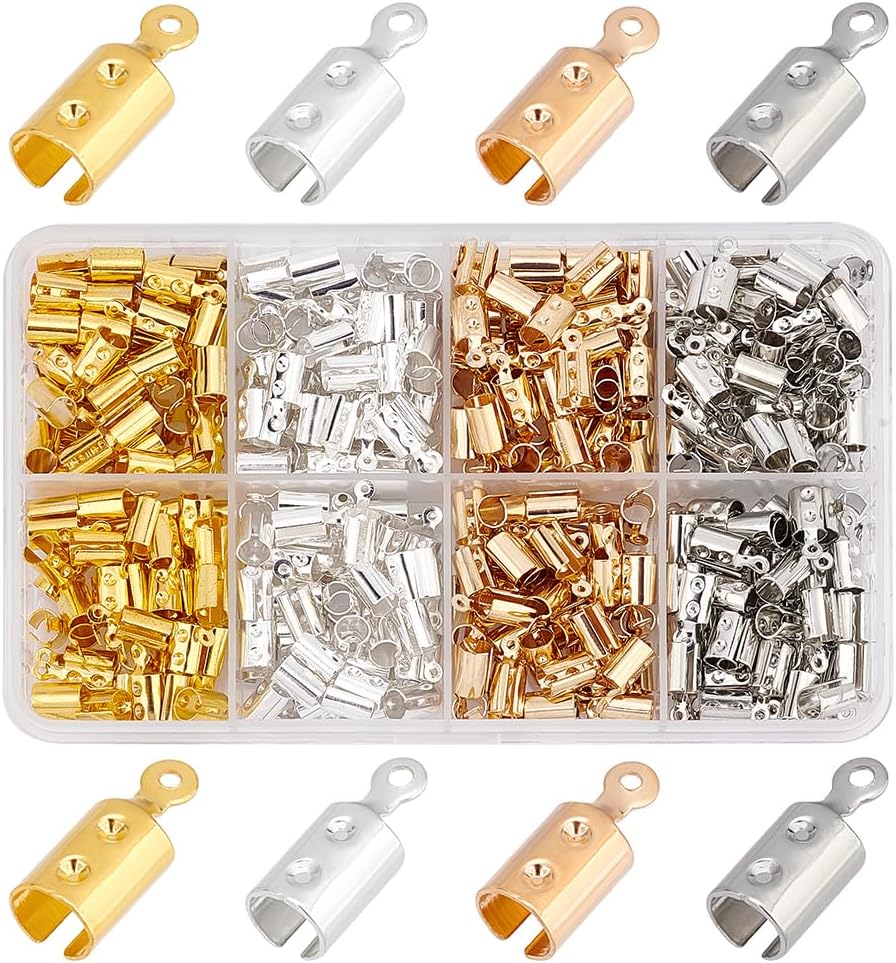 PH PandaHall 400Pcs 4 Colors Fold Over Ends Iron Cord Ends 4.5mm Terminators Crimp End Tips for Leather Ribbon Clamps Covers Rope Clips Fasteners Clamps for Bracelet Jewelry DIY Craft Making