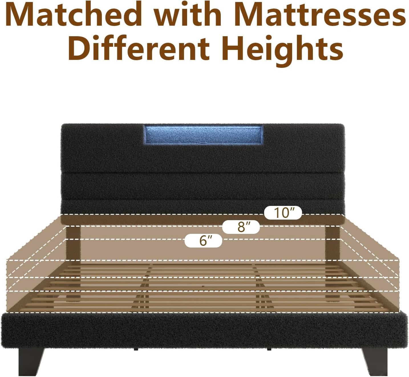 King Bed Frame with Upholstered Headboard, Boucle Platform Bed Frame with LED Lights and Charging Station, Type C& 2-Tier Storage Shelves, Modern Bedroom Furniture, No Box Spring Needed, Dark Grey