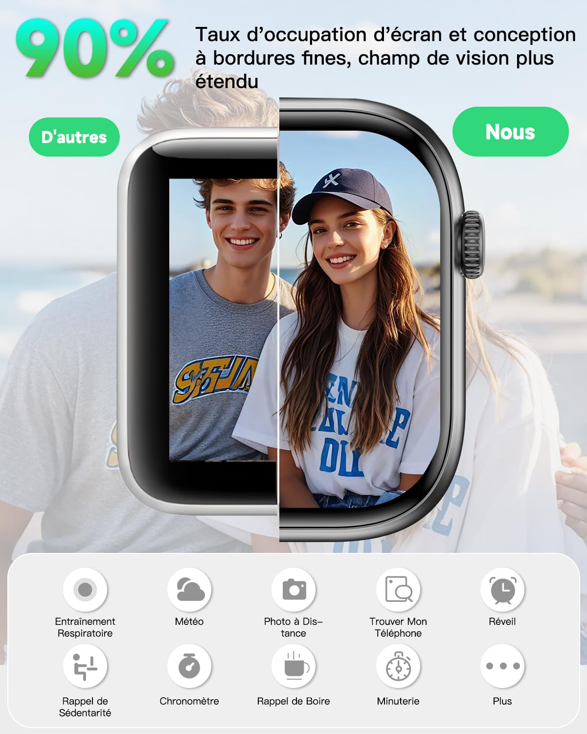Marsyu Montre Connectée–Appels Bluetooth, Sport, Surveillance de la Santé | 1,83" HD Appels Notifications Musique. Suivi santé : fréquence cardiaque, SpO₂, sommeil et respiration, 100+ modes sportifs