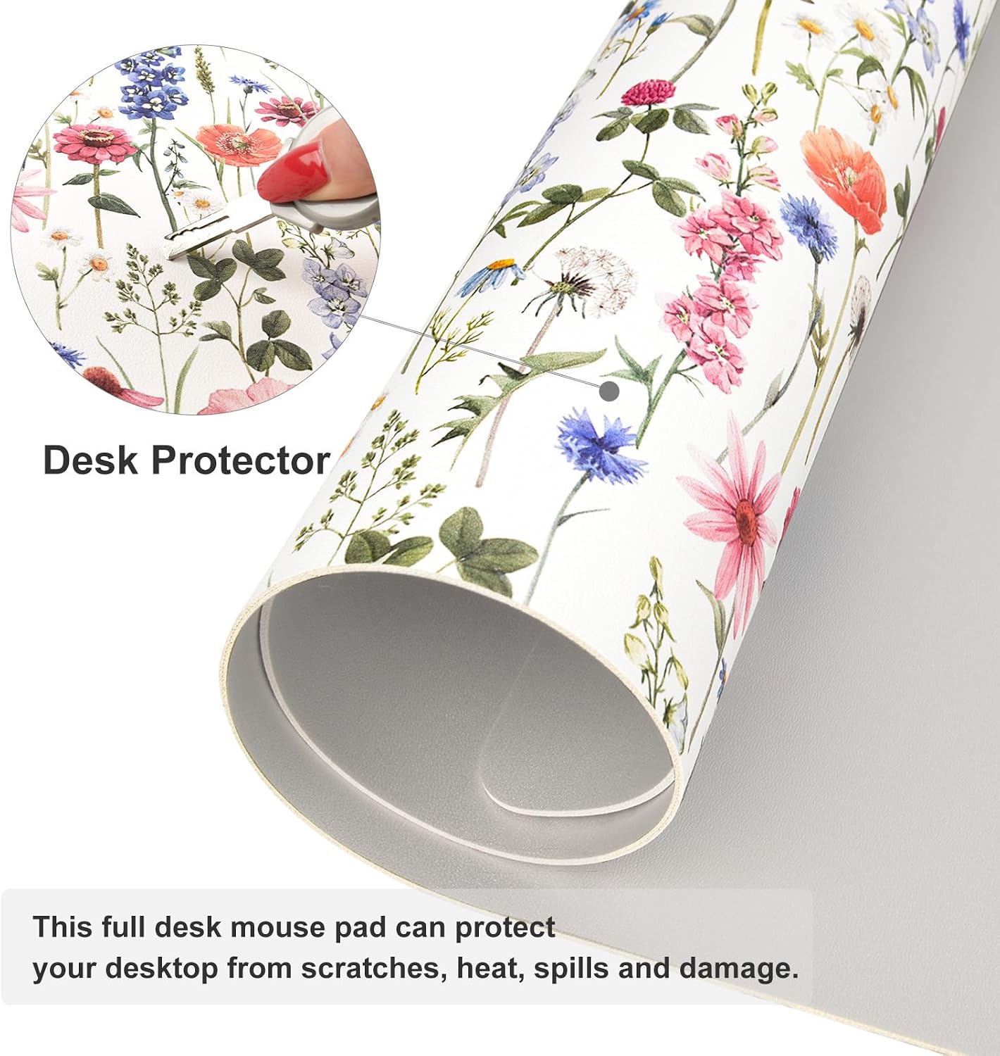 Faux Leather Large Mouse Pad, Office Desk Mat, 31.5"x15.7", Flowers image 4