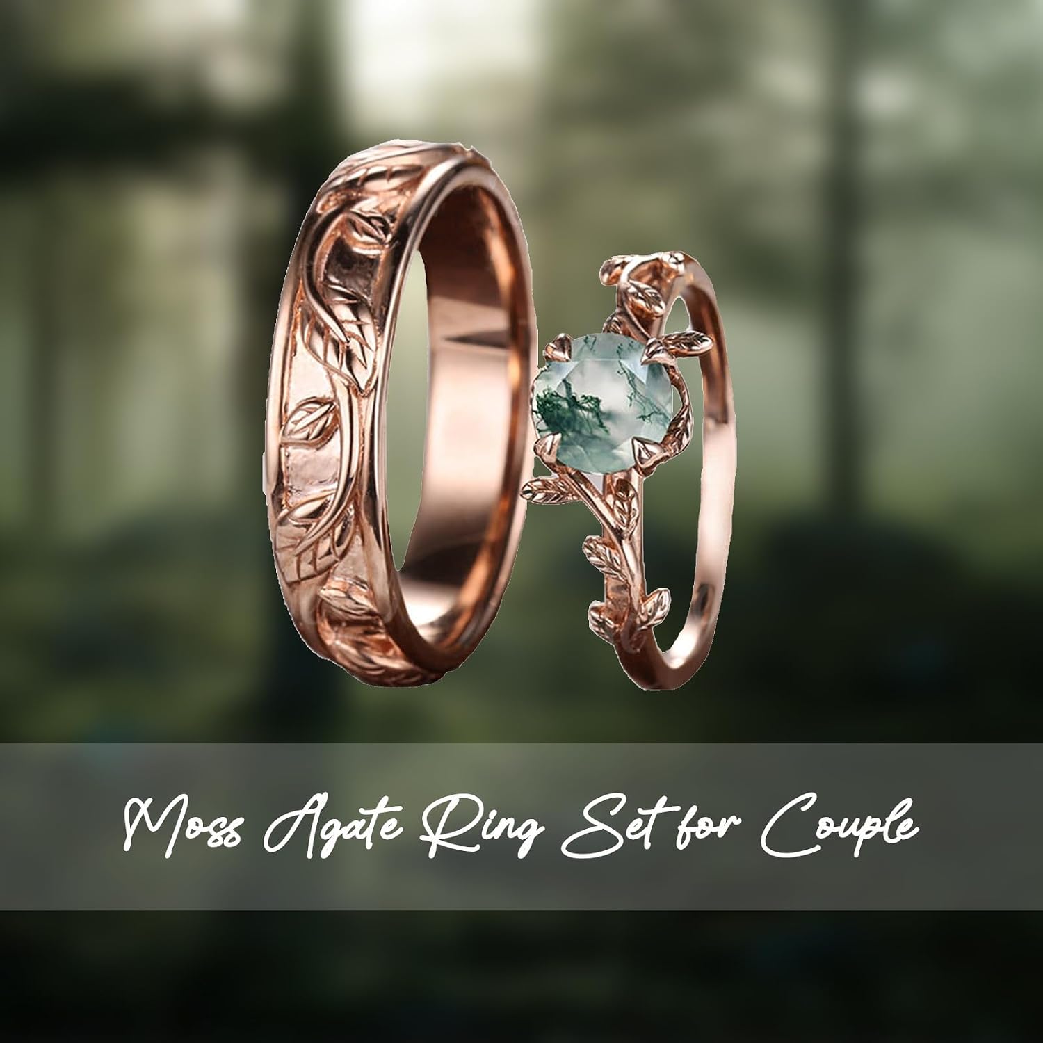 Natural Moss Agate Couple Wedding Rings Set for Him and Her 10K 14K 18K Gold Green Moss Agate Couple Matching Engagement Ring Set for Men and Women