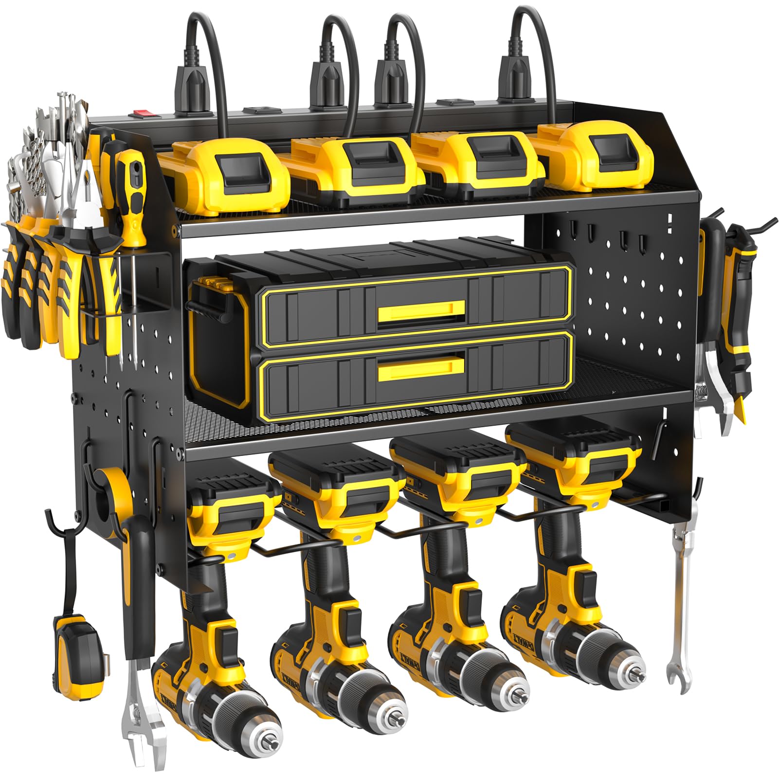 Power Tool Organizer Wall Mount, 3 Layer Charging Station with 6 Outlets, 4 Drill Holders and Drill Bit Rack, Tool Holder Storage Shelf Rack for Garage, Workbench and Workshop, Black