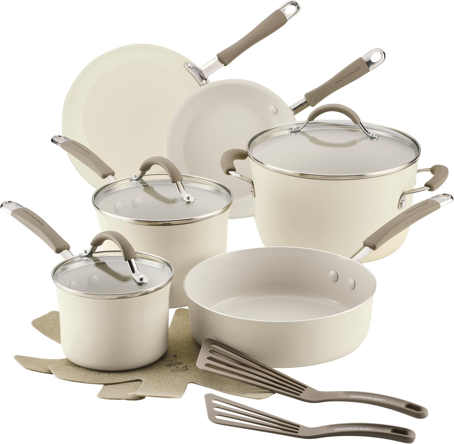 (SIMILAR TO STOCK PHOTO)Rachael Ray Cucina Ceramic Cookware Set - 13 Pieces - Ceramic Pots and Pans Set w/Nonstick Frying Pans, Saute Pan, Saucepans, Stockpot, Lids, Pan Protectors & Cooking Utensils - Almond