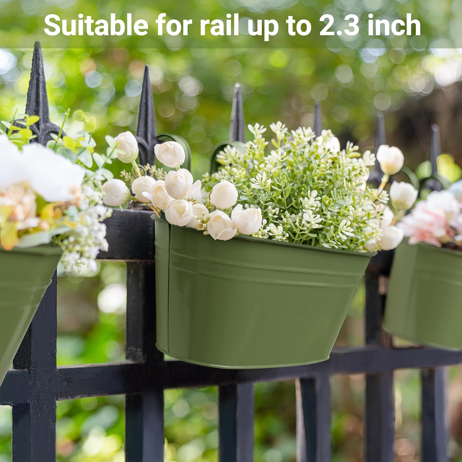 Dahey 10.5 Inch Metal Iron Hanging Flower Pots for Railing Fence Hanging Bucket Pots Countryside Style Outdoor Planter Window Flower Plant Holder with Detachable Hooks Home Decor,Green,5 Pcs