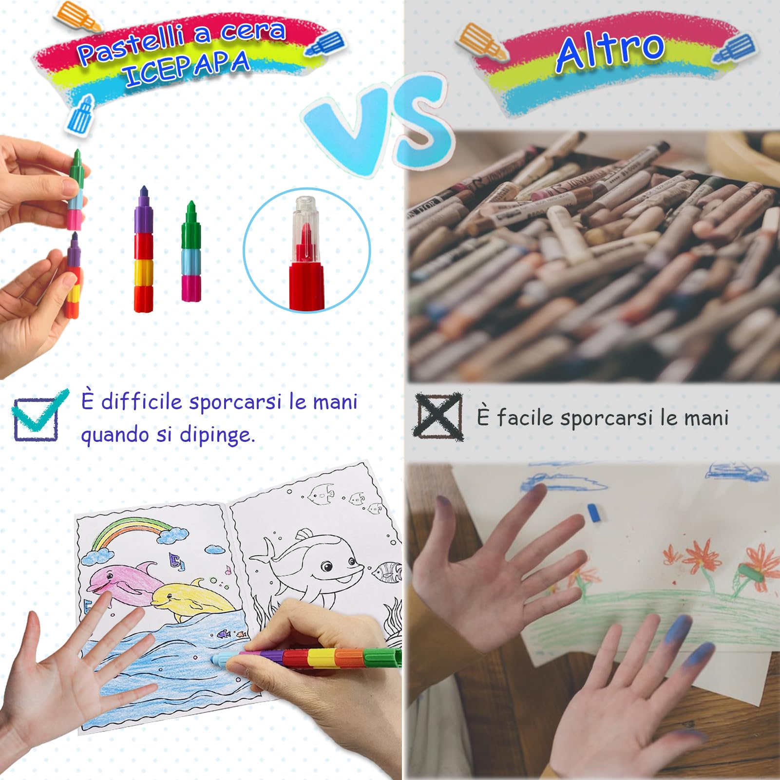 ICEPAPA, 12 Libri da Colorare e 12 Pastelli a Cera Impilabili (12 Colori in 1), Perfetti per Gadget Compleanno Bambini, Regalini e Fine Festa
