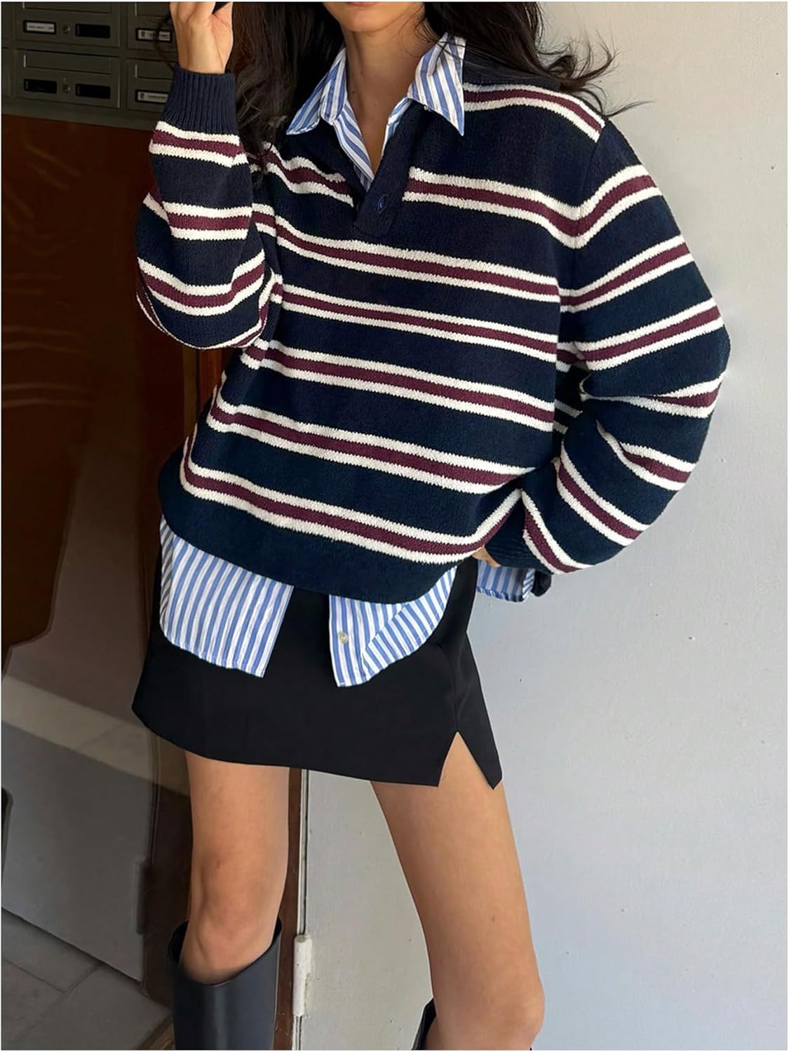 MakeMeChic Women's Striped Sweater Button Up Long Sleeve Preppy Rugby Pullover Tops - Image 3