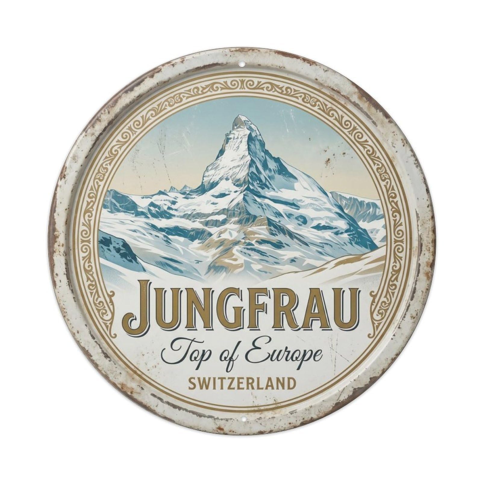 Vintage Travel Jungfrau Swiss Summit Metal Tin Sign Plaque Wall Decor for Cafe, Club, Garden Round Metal Poster 8x8Inch