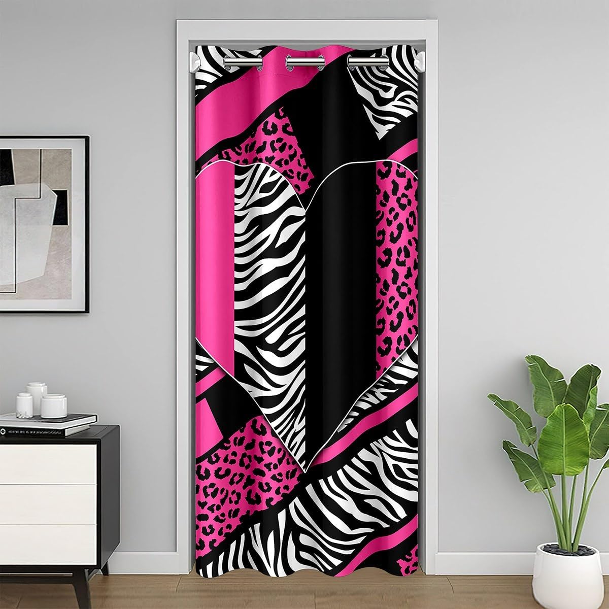 Leopard Zebra Door Curtain,Wild Animals Skin Romantic Valentine's Day Decor Room Divider Blackout Curtain 1 Panel,42" W X 80" L,Pink Black Geometric Striped Heart Room Decor Blackout Curtain