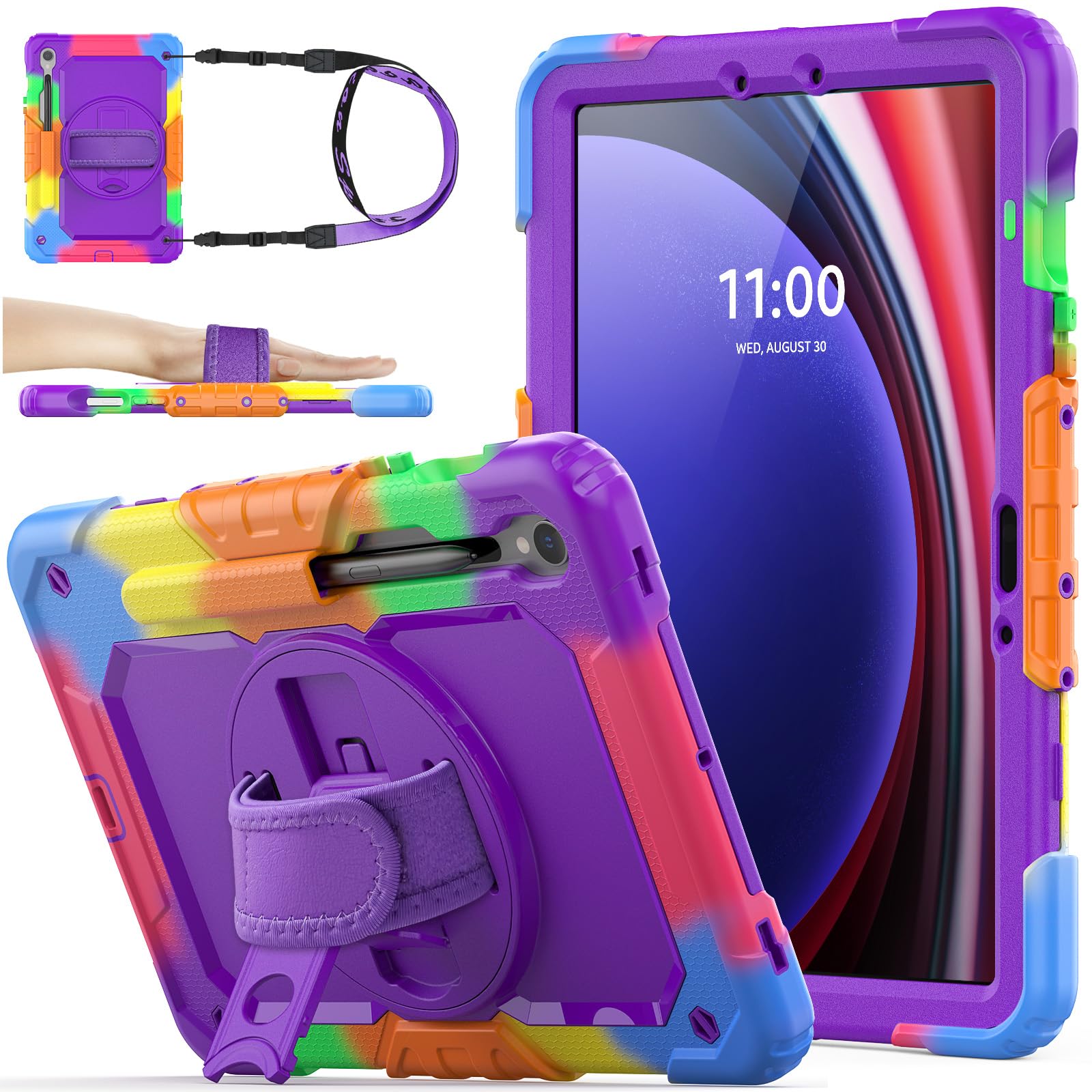 SEYMAC stock Case for Samsung Galaxy Tab S10 FE / S9 / S9 FE 5G Tablet Case Protective with Screen Protector, Pencil Holder, 360 Rotate Stand, Hand Strap, Shoulder Strap, Purple