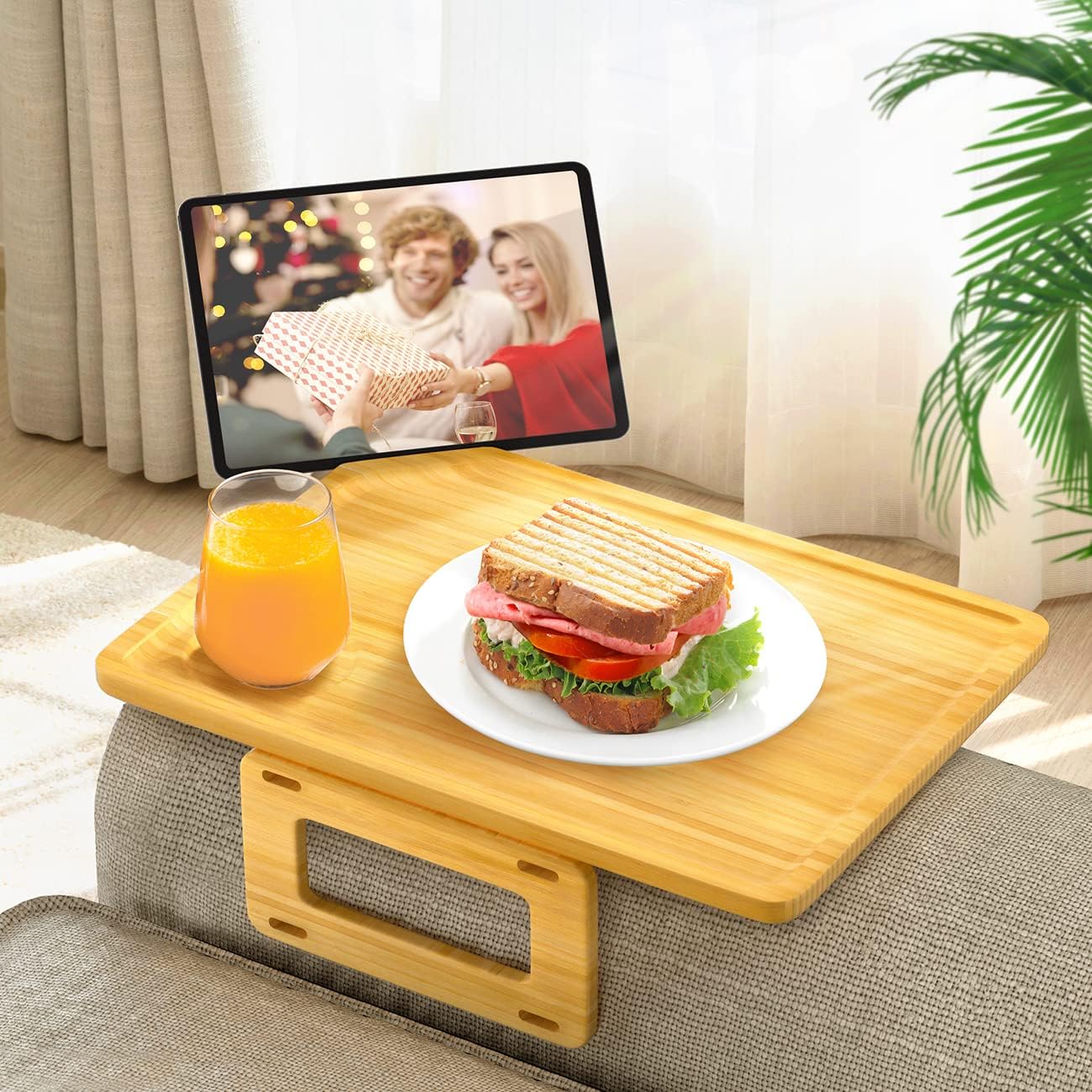Smatdecis Couch Arm Tray Table Sofa Arm Clip Table, Armrest Tray Table Suitable for Home Drinks/Fast Food/Fruit Etc, Large Size Multi-Function Natural