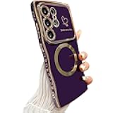 for Samsung Galaxy S24 Ultra Case Magnetic,for Women Girls Soft Cute Wave Frame Curly Shape Love Heart Luxury Plating Phone Case Compatible with MagSafe Shockproof Back Cover 6.8